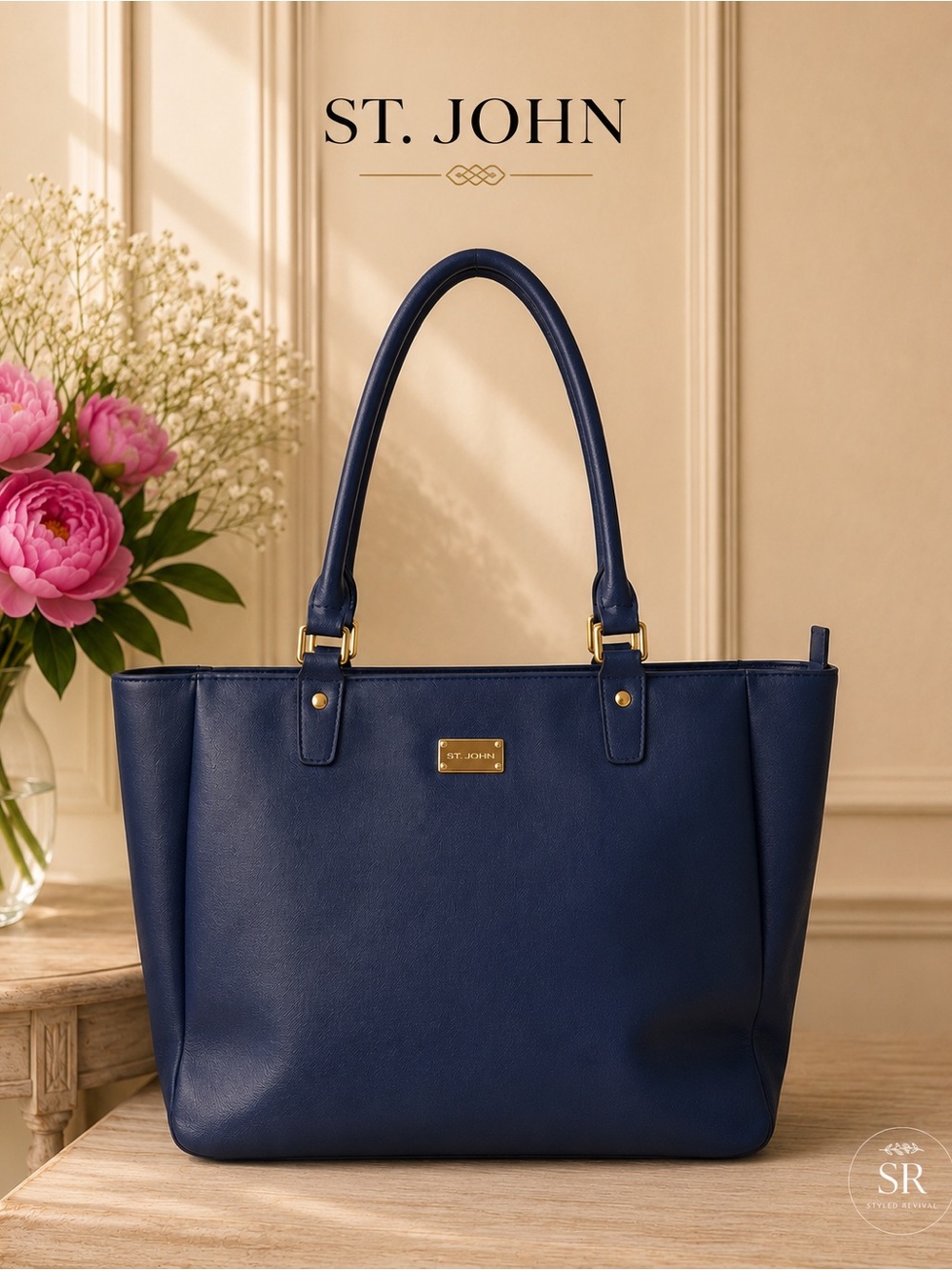 St. John XL Blue Saffiano Leather Work Tote Shopper Bag Gold Logo